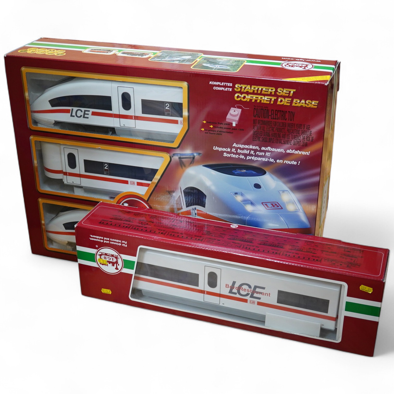 A boxed LGB G scale (45mm gauge) LCE train set (78600) together with an additional restaurant car (30604). Condition - good.